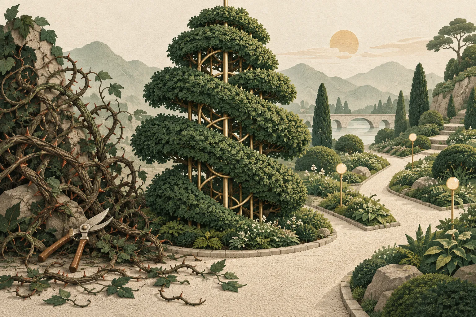 中央是沿幾何支架修剪成形的常綠樹籬，左側纏繞藤蔓已被剪除，右側花園小徑清楚通往可辨識的節點。