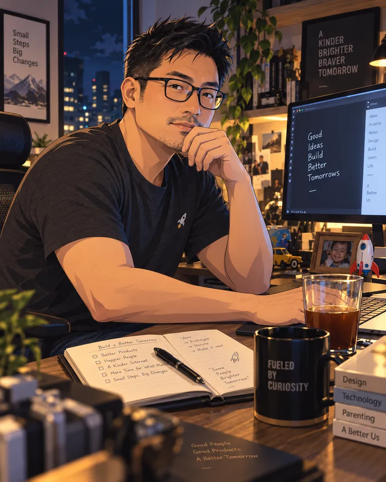 戴黑框眼鏡的李卡爾插畫頭像，在暖色燈光的夜間工作室裡托腮思考
