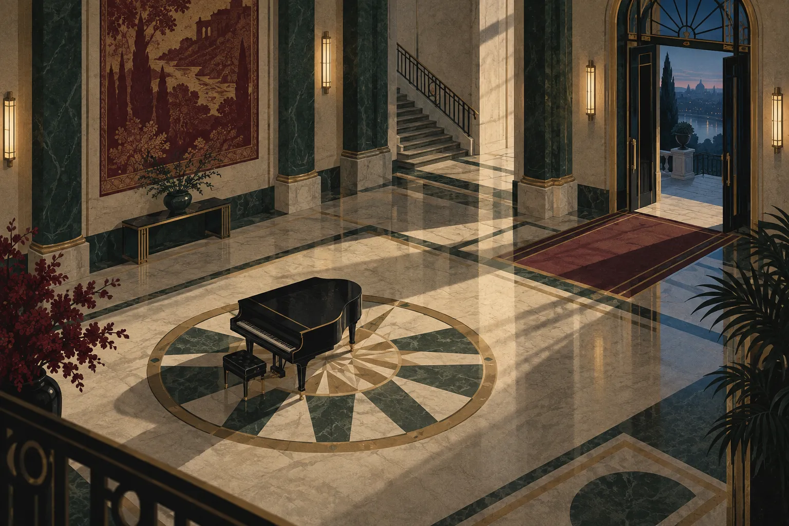 空曠的大廳裡,一架鋼琴位於地面中央,樓梯與敞開的側門延伸至遠處,呈現地位標記、通道與離場之間的距離。