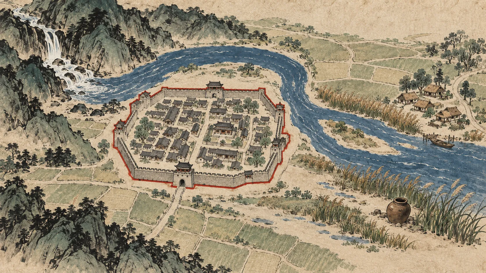 河谷俯視圖中，朱紅界線只圈住城池，河流延伸至界外村落，空陶罐置於蘆葦旁，象徵系統分析如何界定誰被看見。