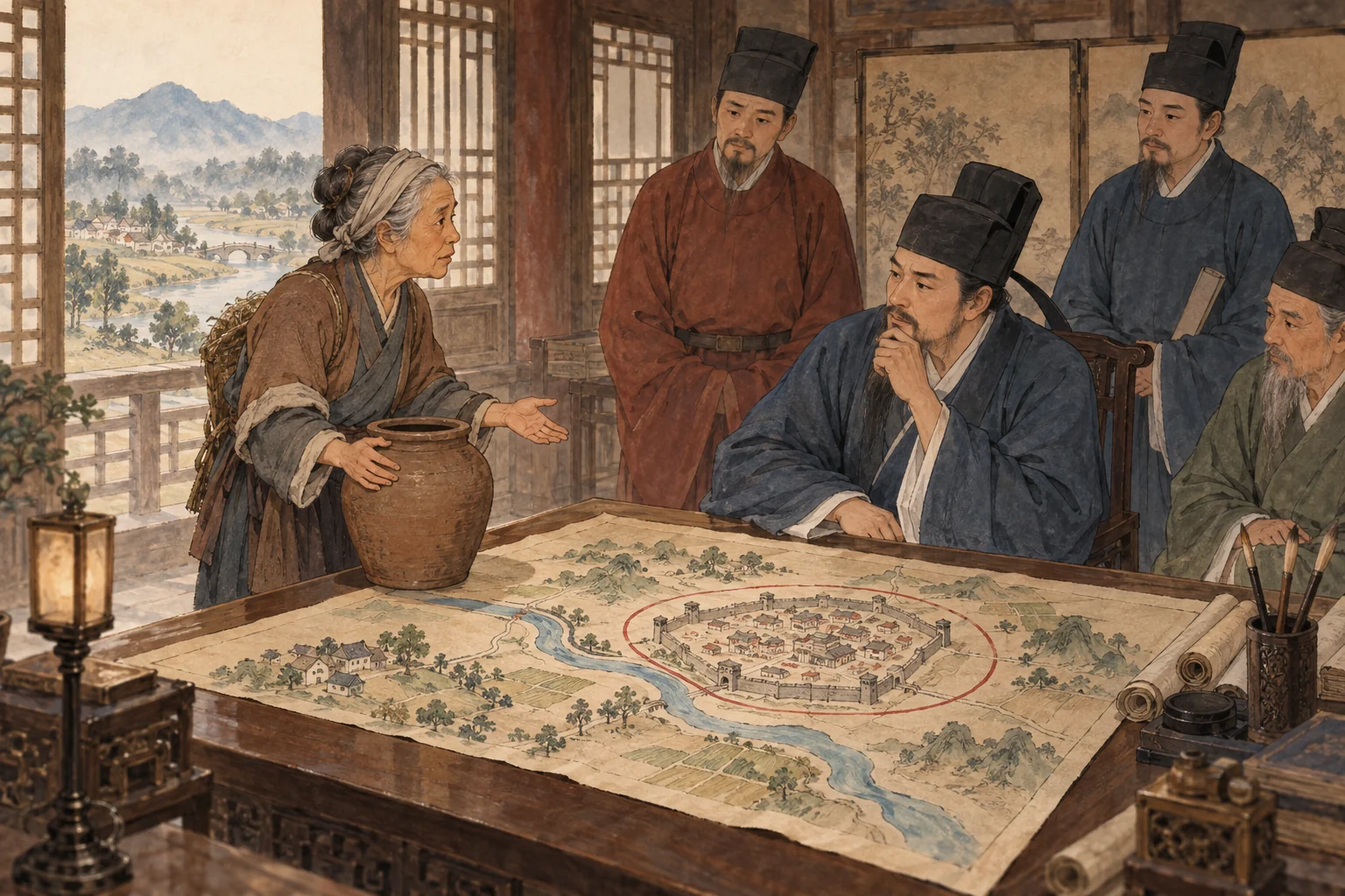 蘆村老人把空陶罐放在地圖旁，城中官員看著圈住城牆的紅線。