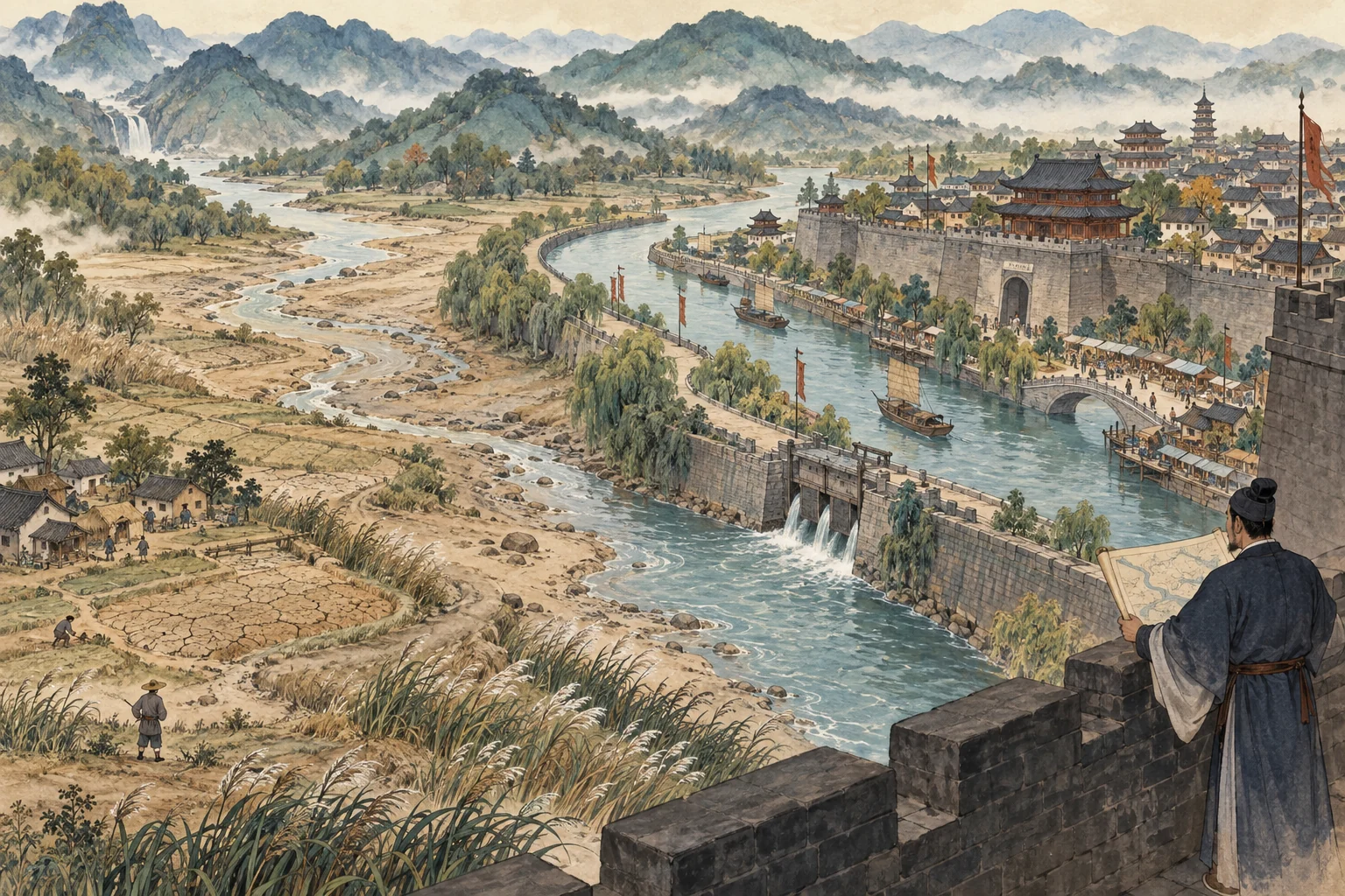 河水經過水閘後流向城中，城外河灣與田地逐漸乾涸，測繪師在城牆上檢視水道圖。